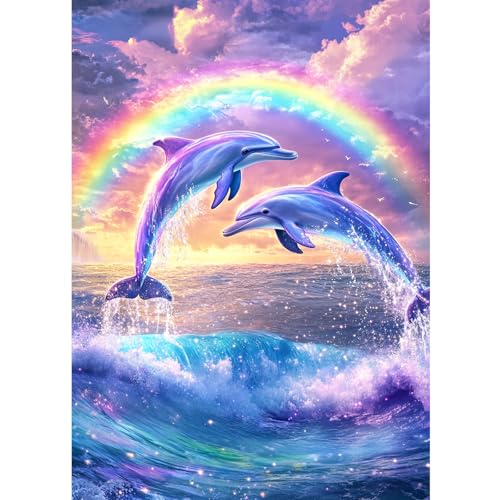 CEOVR Dauphin Peinture Diamant Adulte,5D Diamond Painting Kit Complet,30x40 cm Painting Diamant Kit,Arc-en-ciel et Animaux