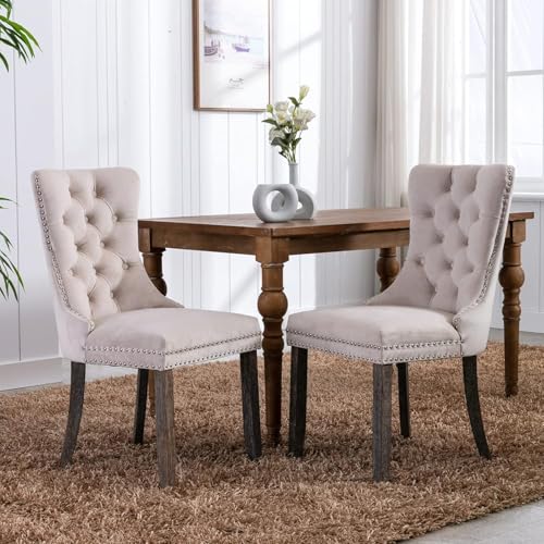 Image of Virabit Velvet Dining Chairs, Tufted Upholstered Dining Chairs with Nailhead Back and Ring Pull Trim, Solid Wood Dining Chairs for Kitchen /Bedroom /Dining Room (Beige, Set of 6)
