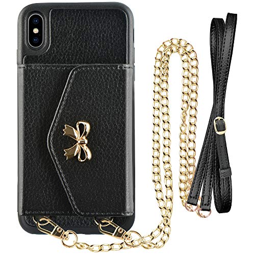 LAMEEKU Wallet Case for iPhone Xs Max,Protective Leather Cases with Card Holder Slot Pocket, Shockproof Cover with Crossbody Chain Wrist Strap for Apple iPhone Xs Max 6.5