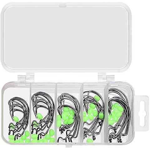 50Pcs Barbed Fishing Hooks Set Offset Fishing Hooks Set Fishing Offset Worm Hooks High Carbon Steel Fishhooks with 50Pcs Green Fishing Beads for Freshwater Saltwater Fish Tackle Cover