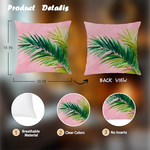 Image of Summer Pink and Green Tropical Palm Leaf Decorative Throw Pillow Cover Decor 18x18,Palm Leaf Botanical Decorative Lumber Beach Plant Throw Pillow Cover for Cabin Couch Double-Sided