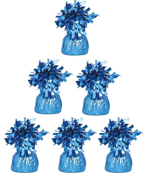 Pack of 6, 12 & 24 Heavy Balloon Weights (5cm x 13cm / Helium Latex Balloon Weight Fountain Table Floor Tassle Cone Birthday Party Accessory with Ribbon Roll (Baby Blue, 6 qty)