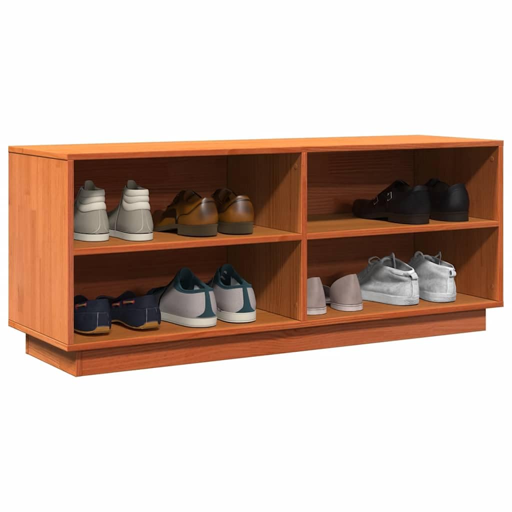 Schuhschrank Massivholz Kiefer 110x34x45cm Wachsbraun | Kompakte Schuhablage aus echtem Kiefernholz mit 4 offenen Fächern und robuster Oberplatte für Flur und Diele.