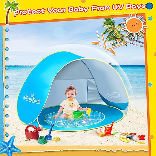 Image of Monobeach Baby Beach Tent with Beach Sand Toys Pop Up Portable Shade Pool UPF50+ UV Protection Sun Shelter for Infant with Easy Set Up Canopy (Blue with Toys)