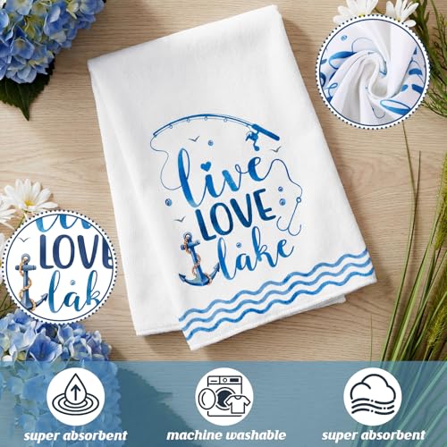 Image of VitalCozy 6 Pcs Lavender Summer Kitchen Towel Set Funny Housewife Farmhouse Rustic Bath Hand Towel for Holiday Bathroom Gift, 24 x 16 Inches (Blue and White,Lake House)