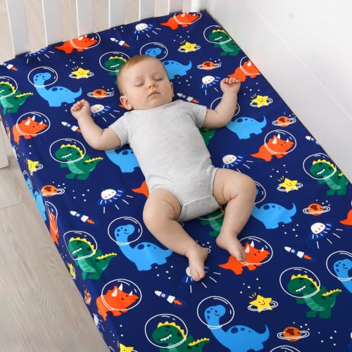 Image of JISEN 3 Piece Crib Bedding Set for Baby Boys Girls Space Dinosaurs Blue | Soft Breathable Microfiber, Crib Comforter Set with Comforter, Sheet, Pillowcase, Standard Size, Baby Nursery, Shower Gift