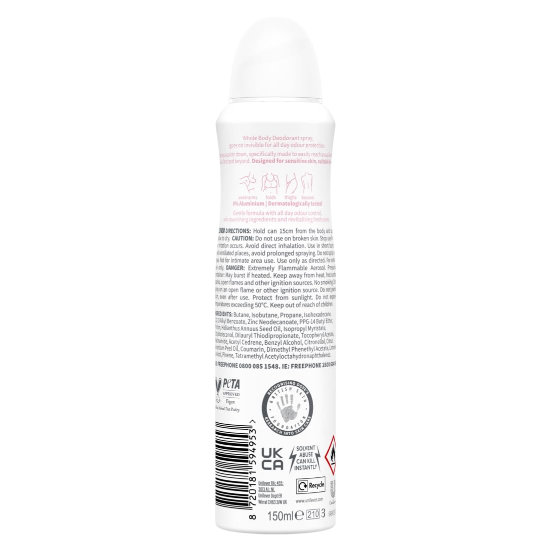Dove Deodorant Whole Body Deo 150ml, Deodorant für den ganzen Körper, Duft von Himbeeren und Rosen, Geruchsschutz bis zu 72 Stunden… – Ansicht 2