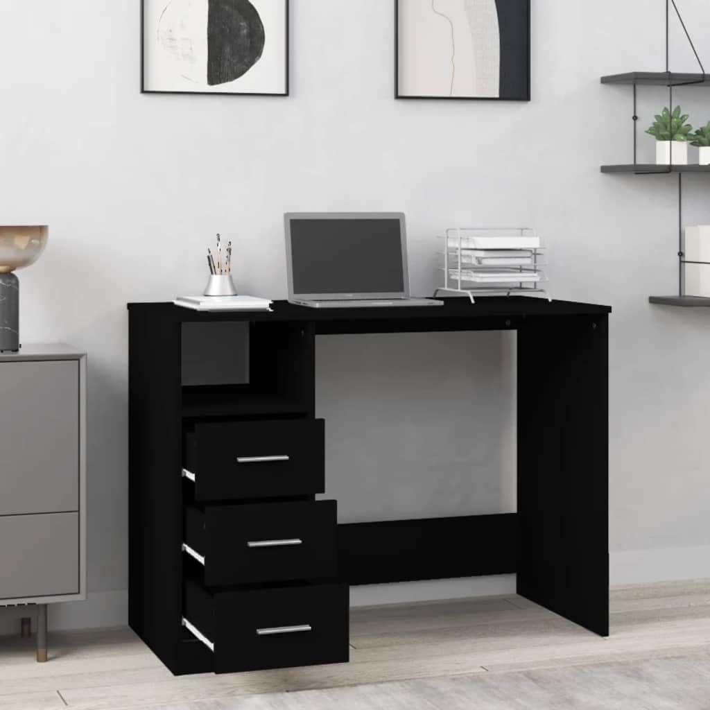Schreibtisch mit Schubladen schwarz 102x50x76 cm Holzwerkstoff, Bürotisch für Homeoffice, Computertisch mit 3 Schubladen und offenem Fach, Stauraum und Ordnung
