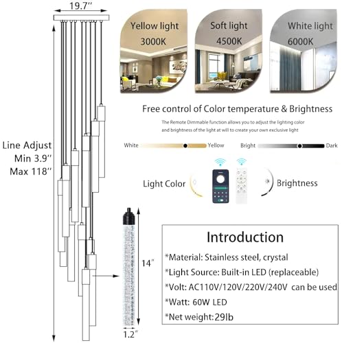 Image of 12-Lights Modern Chandeliers for Entryway High Ceiling Chandelier LED Dimmable Long Lights Fixture Pendants Lighting Crystal Chandeliers for Hallway Foyer Living Room Black Finished Lighting