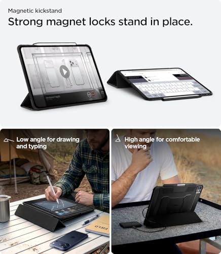 Image of Spigen for iPad Pro 11 inch Case M5 /M4 (2025-2024), Rugged Armor Pro, Tri-fold Kickstand Protective Folio Cover with Pencil Holder, Supports Auto Wake /Sleep, Black (Pack of 2)