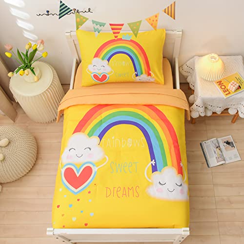 A Nice Night Bedding 4 Piece Cartoon Rainbow Toddler Bedding Set With Cloud Printed For Boys Girls Bed Comforter Sheet Set,Yellow #TOP25