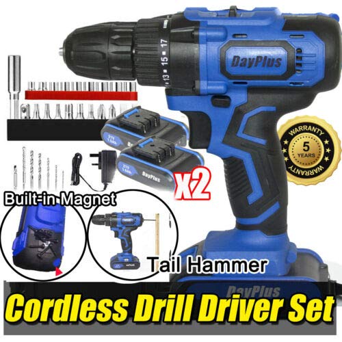 Cordless Drill/Driver Kit, 35pcs Drill Set w/2xLithium-Ion Battery -21V Max Drill 45N.mTorque, 18+1 Metal Clutch with Tail Hammer and Magnet Design Fast Shipping