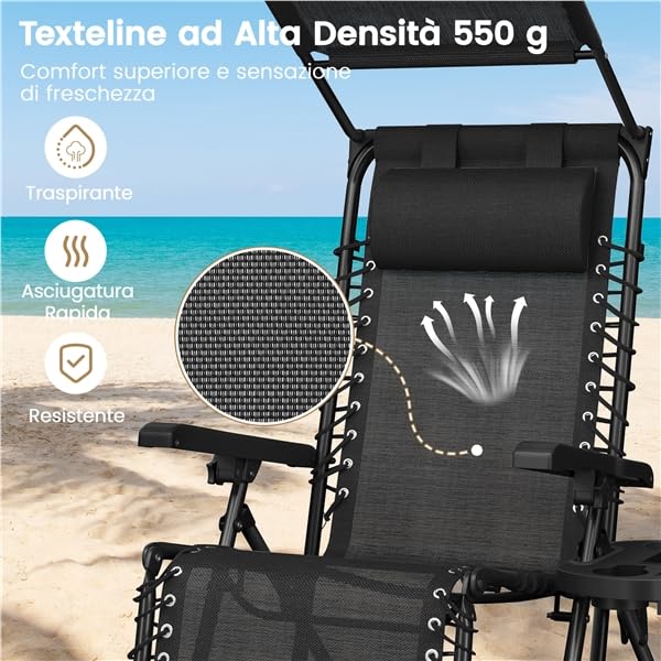 Yaheetech Sdraio da Spiaggia Pieghevole con Parasole, Cuscino Poggiatesta Removibile, Portabicchieri, Sdraio da Giardino con Schienale Regolabile, Spiaggia, Lettino da Sole (1, Nero)