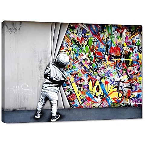 Yatsen Bridge Behind The Curtain Canvas Prints Banksy Graffiti Wall Art Paintings Pop Art Colorful Posters Stretched Pictures for Living Room Modern Home Decor Framed Ready to Hang(44''W x 28''H) Cover