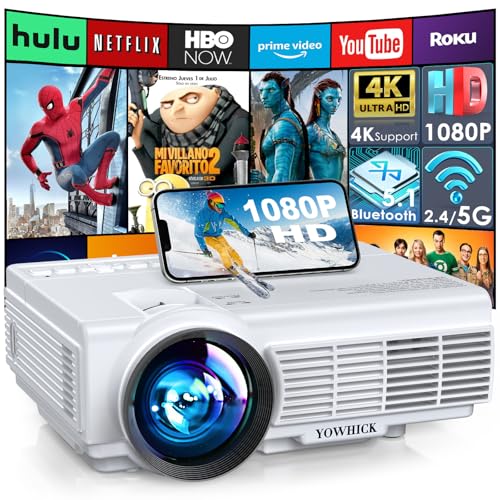 Projector with WiFi and Bluetooth, Outdoor Mini Movie Projector by YOWHICK with 5G WiFi, Native 1080P 9500L and 4K Support for HDMI, VGA, USB, Laptop, iOS & Android Phone Soft White