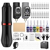 HAWINK Wireless Tattoo Gun Machine Rotary Tattoo Kit with Power Supply LCD digital 3.7V Lithium Battery 1600mAh 2PCS Tattoo Battery 1Pcs 7 inks HWP37KIT-2