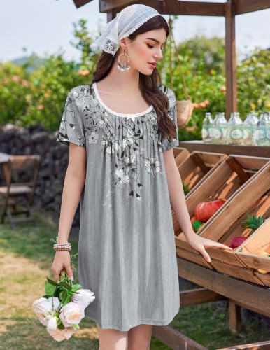 Image of Ekouaer Nightgowns for Women Pleated Sleep Shirts Short Sleeve Night Shirts