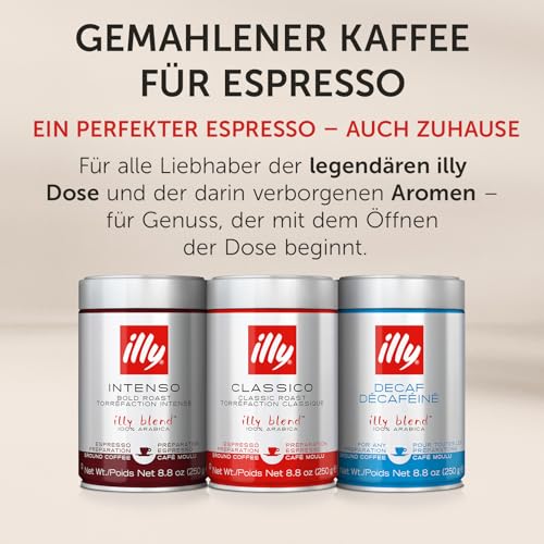 illy, Gemahlener Kaffee für Espresso FORTE, 100% Arabica mit Intensivem Röstbrot-Aroma und Einem Nachgeschmack von Zartbitterschokolade, Kräftiger Geschmack, 1 Dose mit 250g