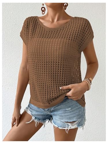 Image of Verdusa Women's Hollow Out Sheer Knit Top Dolman Sleeve Pullover Cover Up