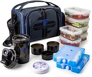 ThinkFit Insulated Meal Prep Lunch Box with 6 Food Portion Control Containers - BPA-Free, Reusable, Microwavable, Freezer Safe - With Shaker Cup, Pill Organizer, Shoulder Strap & Storage Pocket (Blue)
