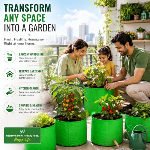 Image of Grow Bags for Terrace Gardening, Premium HDPE Green-Orange Large Planters for Fruit Trees, Vegetables, Flowers & Home Garden Pack of 10(6x6)