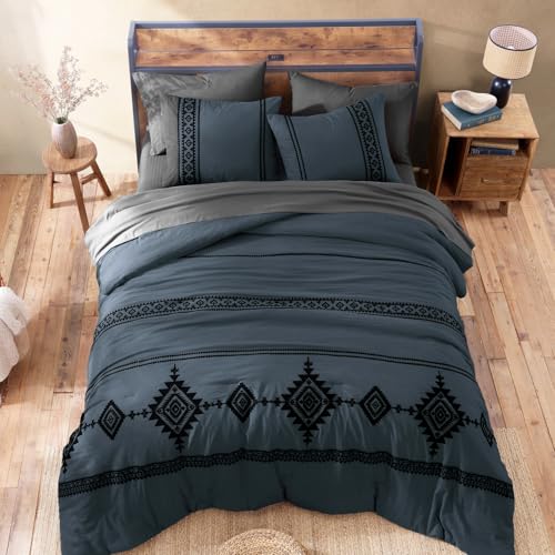 Image of MaiReve Embroidery Full Size Comforter Set 7 Pieces Blue Grey Bed in a Bag