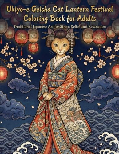 Ukiyo-e Geisha Cat Lantern Festival Coloring Book for Adults: Traditional Japanese Art for Stress Relief and Relaxation: Japanese Art / Woodblock ... / Mindfulness / Geisha Cat Lantern Festival