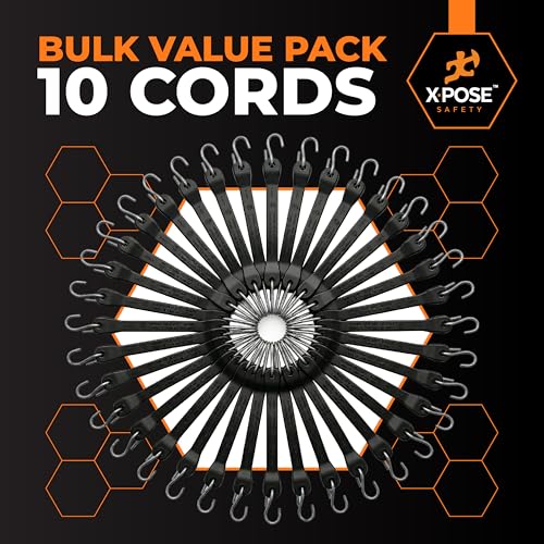 Image of Rubber Bungee Cords with Hooks 10 Pack 41 Inch (62 inch Max Stretch) Heavy-Duty Black Tie Down Straps for Outdoor, Tarp Covers, Canvas Canopies, Motorcycle, and Cargo - by Xpose Safety