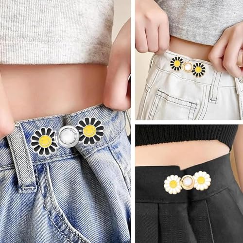 Image of ZURATO Colorfull Sun Flower Adjustable Jean Button, Pant Waist Tightener Pins, No Sew and No Tools Detachable Decorative Button, Waist Adjustment Buttons Extender (White - Gold, Pack of - 2)