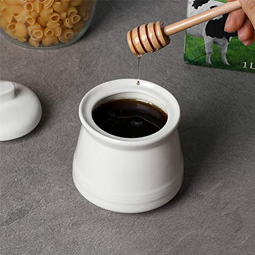 LEETOYI Porcelain Honey Jar with Lid and Honey Stick,Ceramic Honey pot,12oz (White)