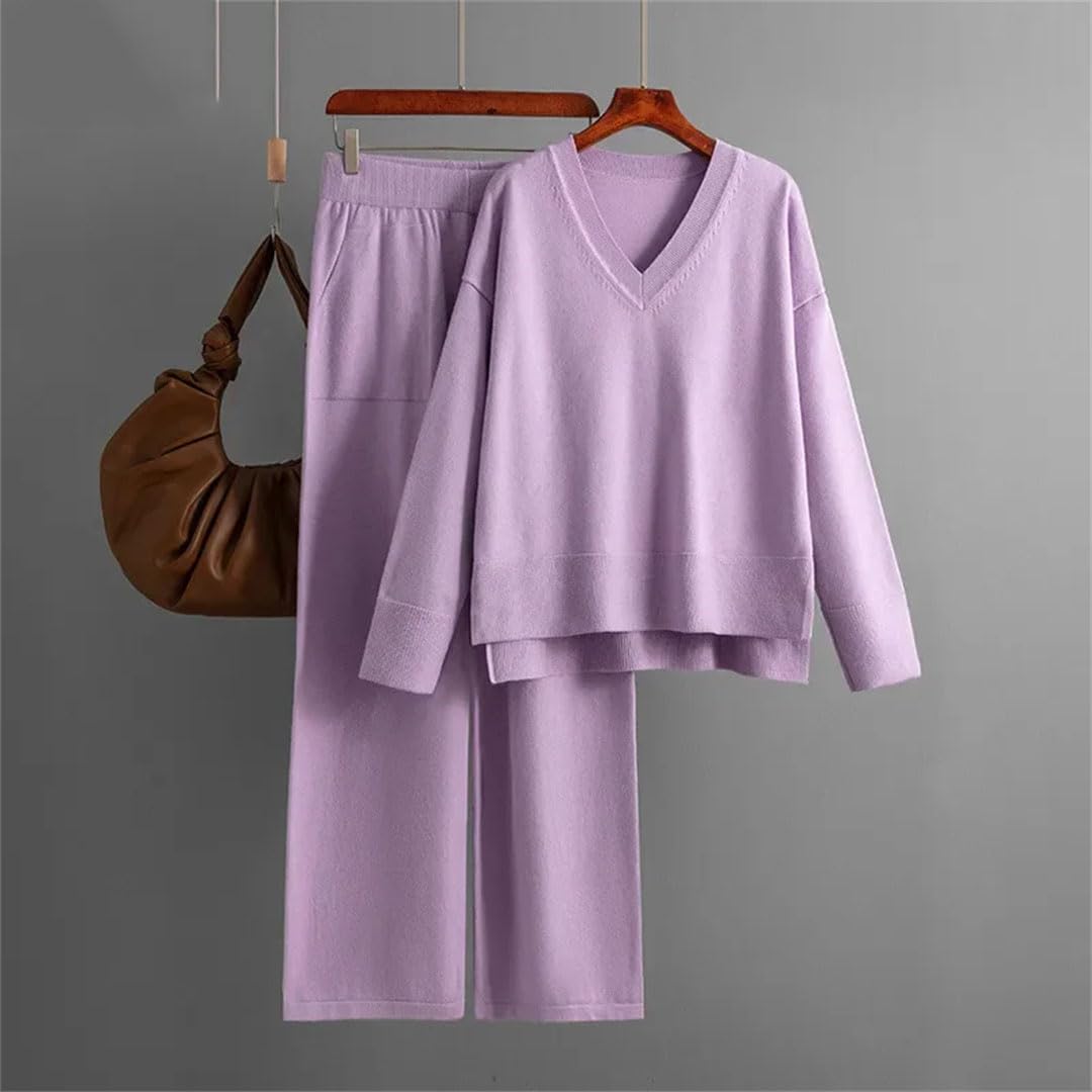 Inverno Allentato Maglia 2 Pezzi Set Donna Scollo A V Maglione Pullover Split Top Casual Pantaloni A Vita Alta Outfit