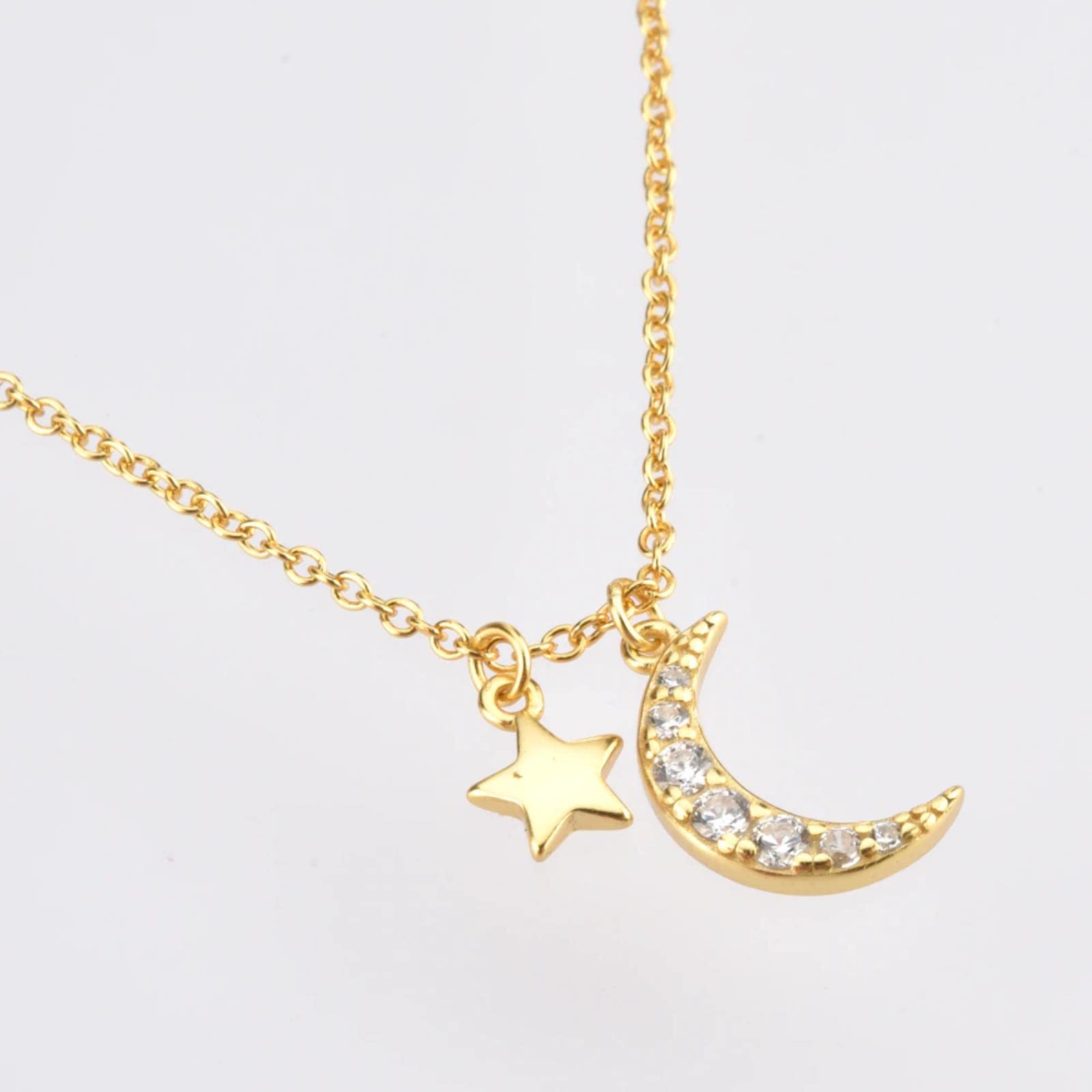 925 Sterling Silver Gold Zircon Cz Moon Star Charm Ciondolo Collana A Catena Lunga 2021 Gioielli da Sposa da Donna Cristallo