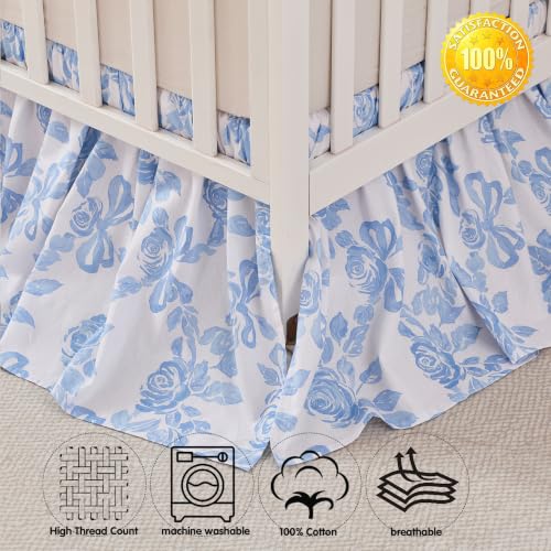 Image of Brandream Organic Cotton Crib Skirt Dust Ruffle, Baby Girl Crib Bed Skirt, 4-Sided, Luxury French Vintage Blue Rose Floral & Bow Cottagecore Toddler Bedskirt Farmhouse Chic Nursery Bedding Skirt