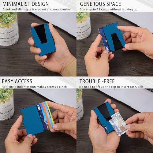 Image of Minimalist Carbon Fiber Wallet for Men, Money Clip Cash Strap Wallet, RFID Blocking Metal Wallet Aluminum Card Holder,Front Pocket Wallet(Matte Blue)