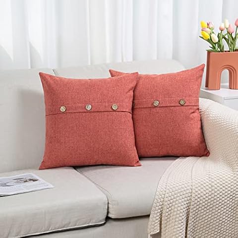 BLUETTEK Farmhouse Minimalist Pillow Covers with Coconut Buttons Set of 2 Linen Rustic Decorative Cushion Cases for Home Sofa Couch Living Room Decoration (Square, Orange) Cover