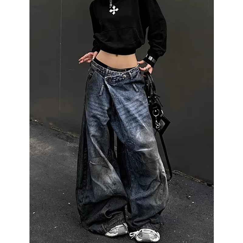 Unisex Fashion High Waist Straight Baggy Jeans for Women Vintage Gothic Leg Drawstring Y2K Scrawl Denim Pants2