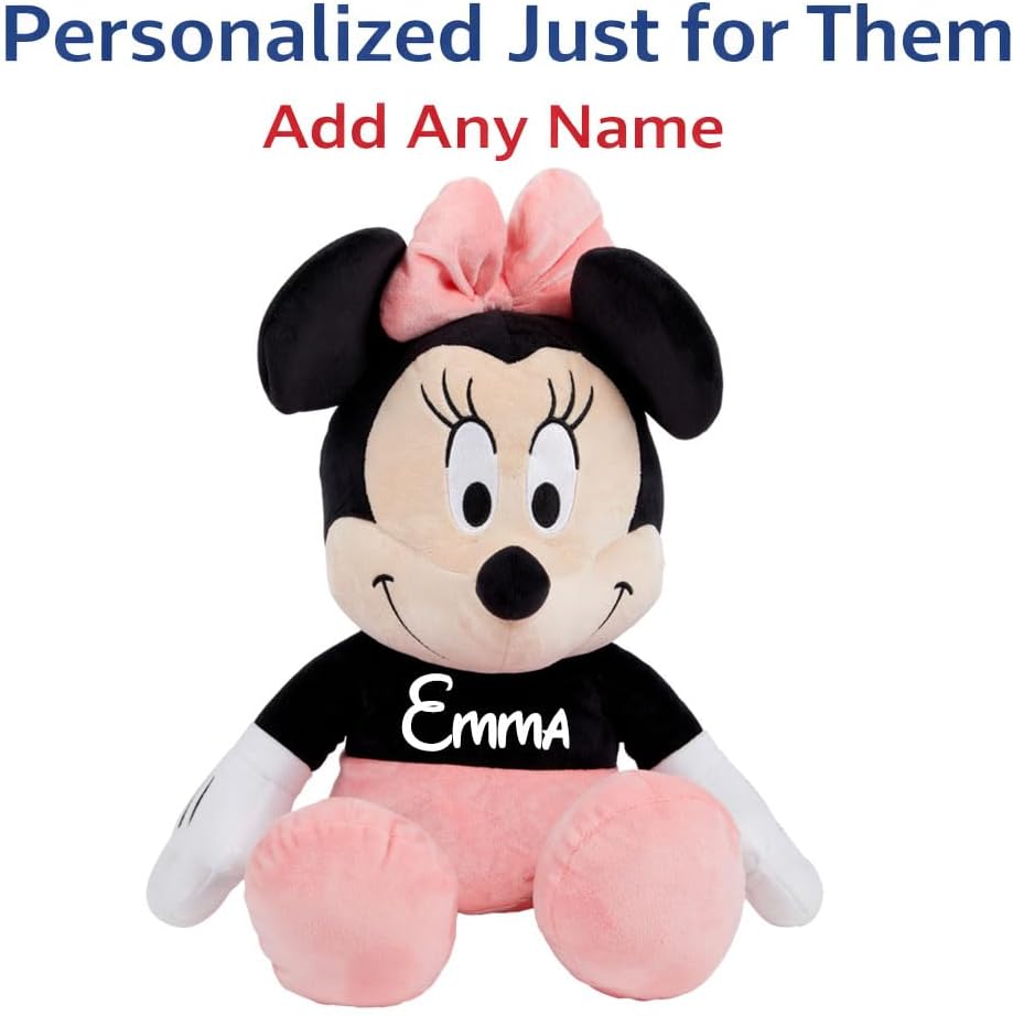 Disney Official Minnie Mouse Personalized Soft Toy for Kids, 10 Inch Cuddly Character with Fuzzy Texture and Embroidered Details, Flexible Floppy Ears, Plushy Suitable for All Ages