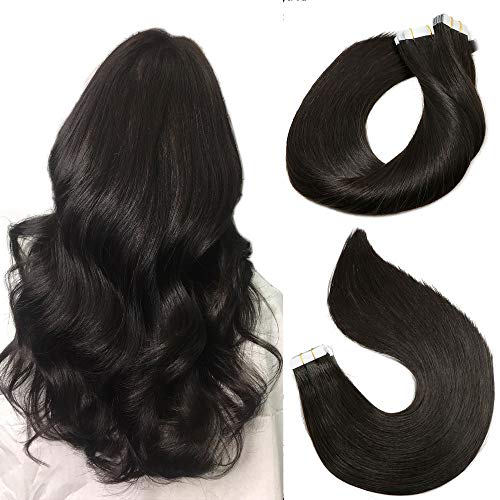 Tape In Remy Human Hair Extensions 8A 20pcs 50g Per Set #1B Natural Black Remy Hair Extensions Seamless Skin Weft Remy Silk Straight Hair Glue in Extensions Glue in Extensions Human Hair 22 Inch