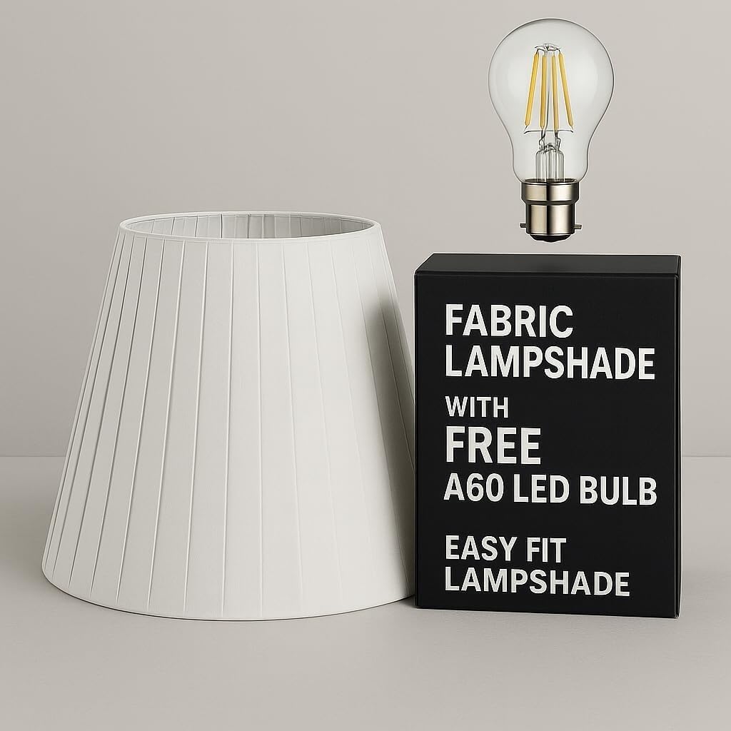 LEDSone 28cm White Pleated Coolie Fabric Lampshade with A60 LED Bulb Included Easy Fit Pendant Ceiling & Floor Lamp Shade for Bedroom Living Room Kitchen Decor