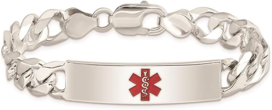 Polished Engravable Personalized Custom 925 Sterling Silver Polished Medical Figaro Anchor Link ID Bracelet For Men or Women Length 8.5 inches Width 10 mm