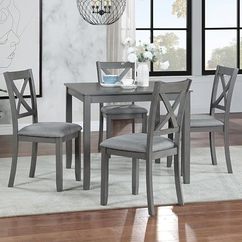 Image of Harper & Bright Designs Modern 5-Piece Wooden Dining Table Set for 4, Grey Square Kitchen Table & 4 Upholstered Seating Chairs, Acacia /Birch Veneer, Space-Saving Design for Dining Room & Small Spaces