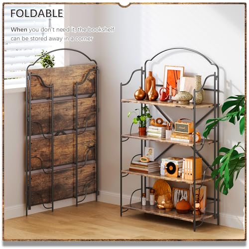 Image of 4NM No Assembly Folding Bookshelf for Living Room, 4 Tiers Collapsible Book Shelves Open Industrial Foldable Bookcase Storage Shelf for Home Office - Rustic Brown Black
