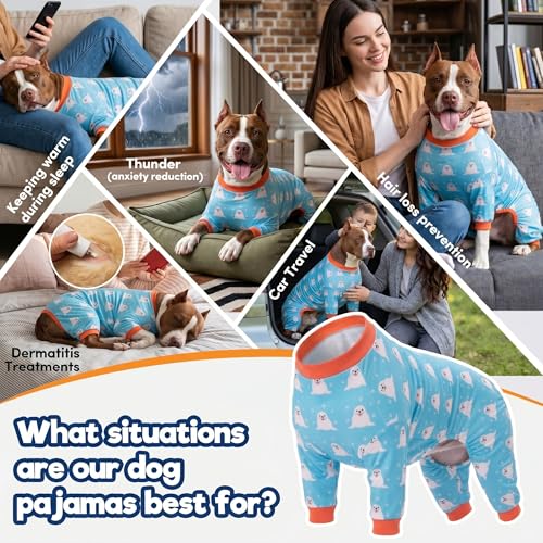 LovinPet Large Big Dog Pajamas - Anxiety Calming, Anti Licking Dog Onesie, Turquoise Sea Plants Print. Large Breed Dog Jammies, Pet PJ's for Travel & Home, Pet Pajamas for Dogs, Blue L by LovinPet - Used condition - Image 5