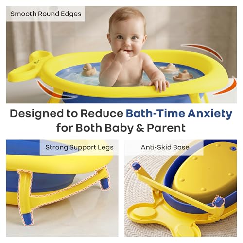 Image of R for Rabbit Bubble Double Finzy Baby Bath Tub Foldable for Kids 9 Months-3 Years | Womb Cocoon Bathtub Design | Anti-Skid Base | Quick Drain Plug | Space Saving Pool Bather with Tray (Yellow Blue)