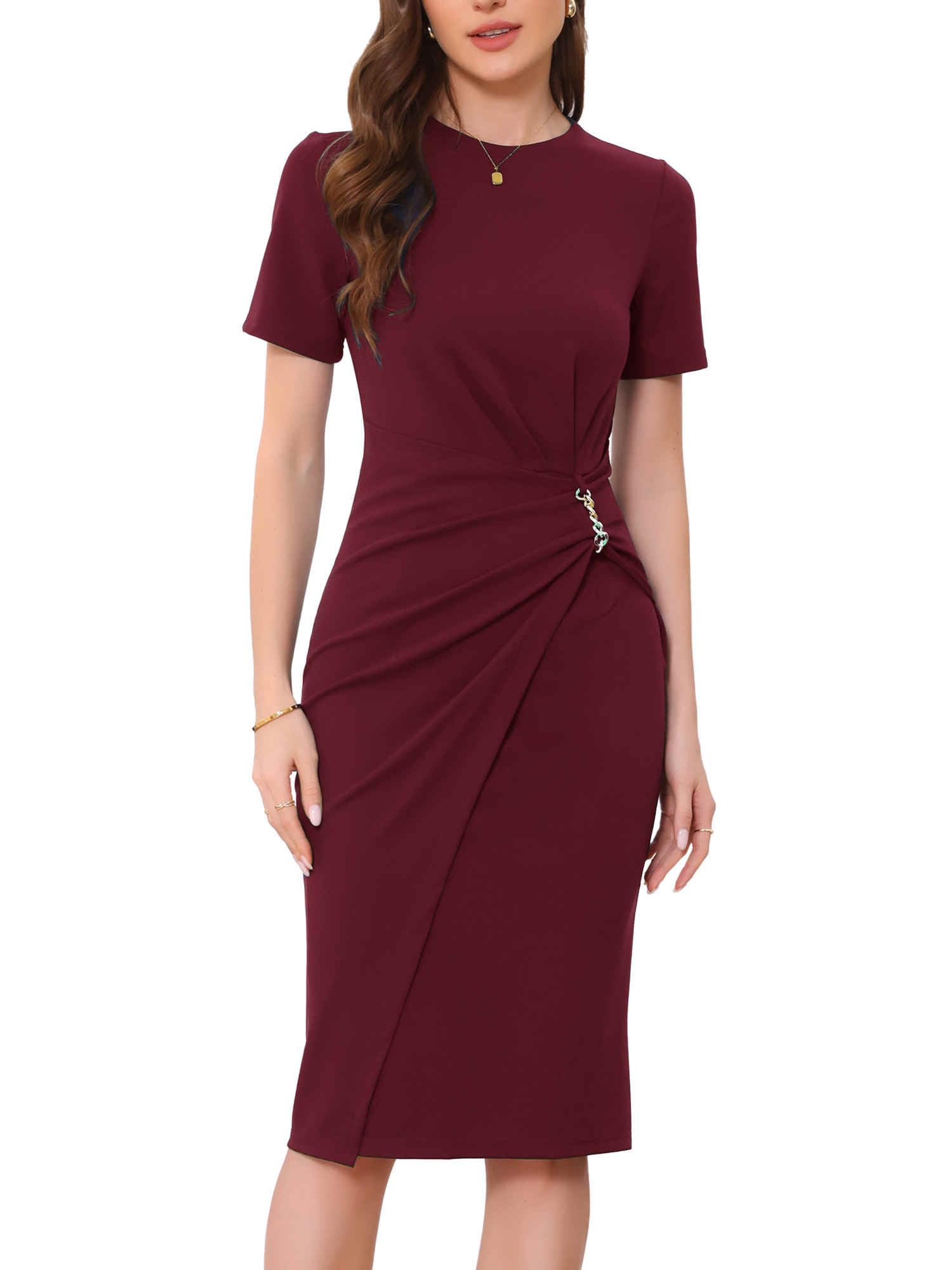 Allegra K Work Dresses for Women Short Sleeve Crew Neck Wrap Business Office Sheath Dress 2025