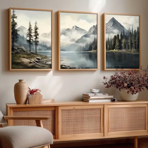 Image of kotart Big Aesthetic Mountains View Wall Art Paintings | River View Framed Painting | Nature Art Vastu Frames for Living Room Bedroom Wall Decor Set Of 3 (14x20 Inch)