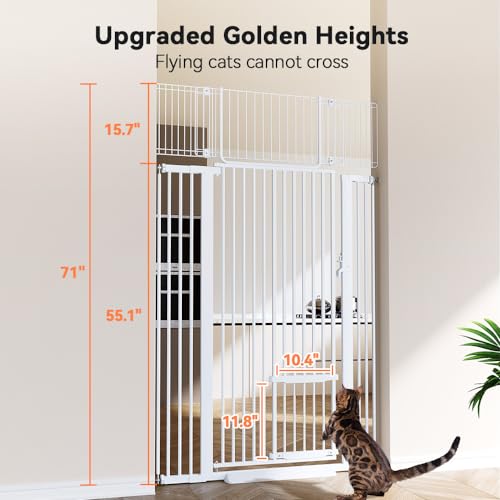COMOMY 71" Extra Tall Pet Gate for Cats, 29.5-40.6" Extra Wide with Adjustable Cat Door, Pressure Mounted Easy Walk Through Gate with Door for Stairs, Doorways, Kitchen (White)