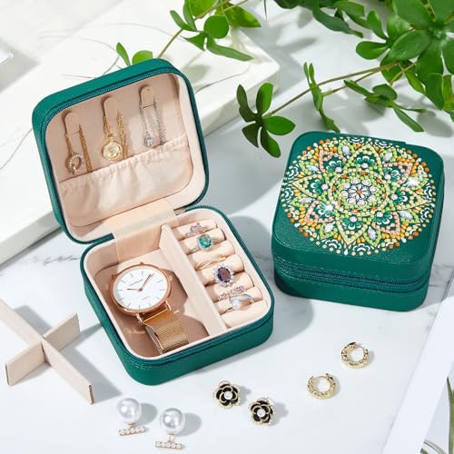 Image of Hinly 2 Pcs Portable Diamond Painting Jewelry Storage Box DIY Diamond Art Accessories PU Leather Jewelry Ring Organizer Case Travel Jewelry Organizer(Mandala Style,Vintage Color)