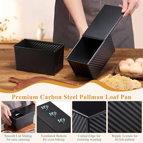 Image of LIANYU 2 Pack Pullman Loaf Pan with Lid, 1 Pound Dough Bread Loaf Pans | Nonstick Metal Bakeware for Sourdough Sandwich Homemade Bread, Carbon Steel Corrugated Toast Tin, Black