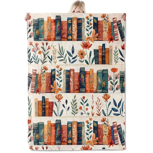 ICAAV Book and Flower Flannel Blanket 50x60in,Cozy Throw with Colorful Bookshelf and Floral Pattern on Cream,Soft Lightweight Gifts Blankets for Women,Book Lovers,Girls,Home Decor